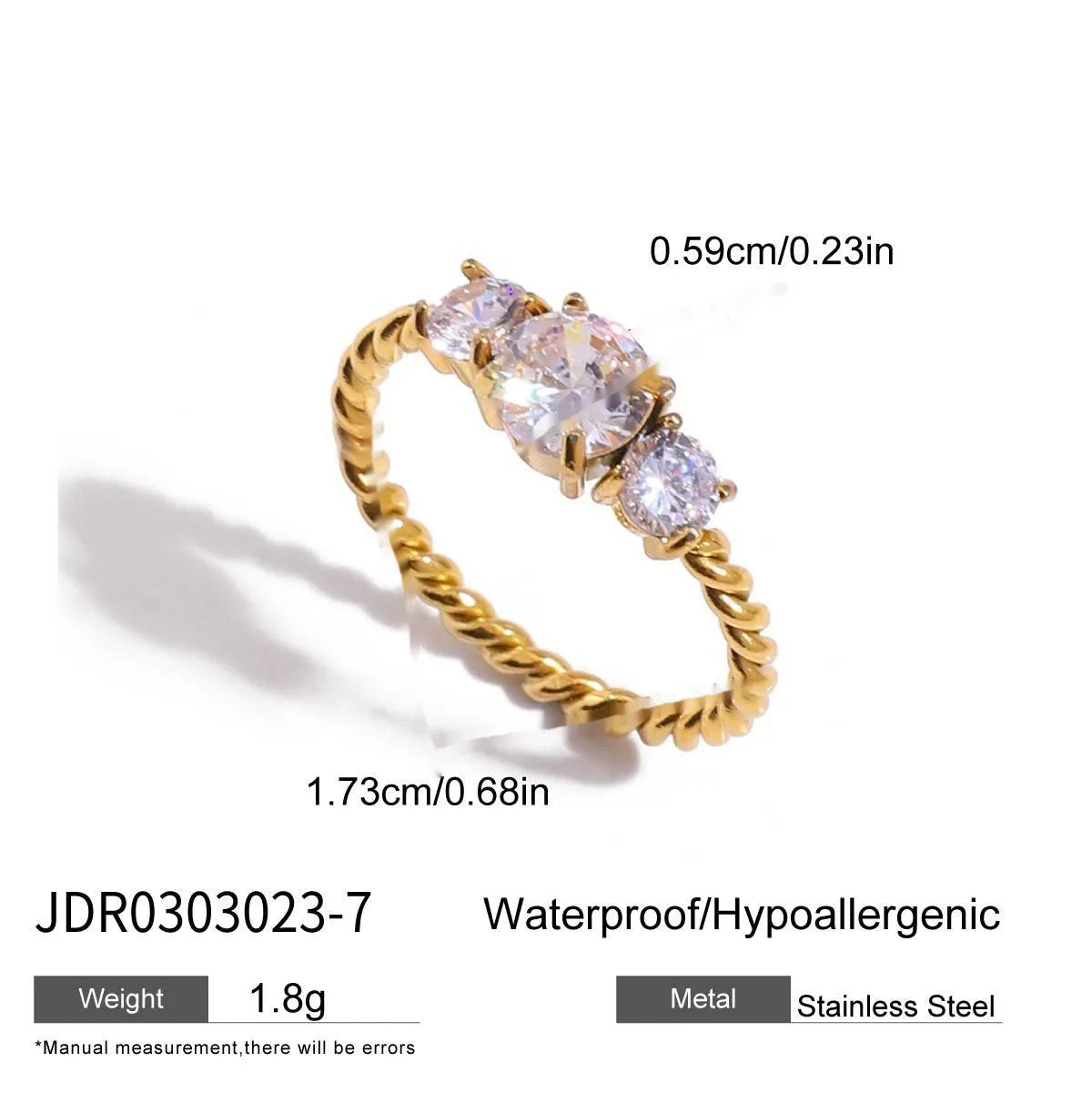 Geometric stainless steel zircon ring with no-fade finish on a hand.