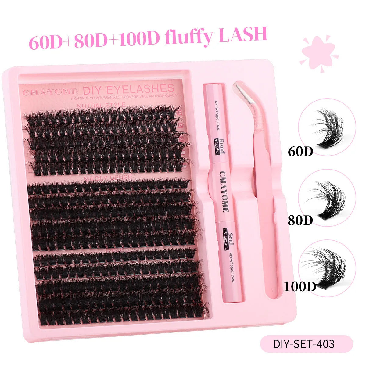 DIY false eyelashes extension suit showing single cluster lashes and eyelash tweezers