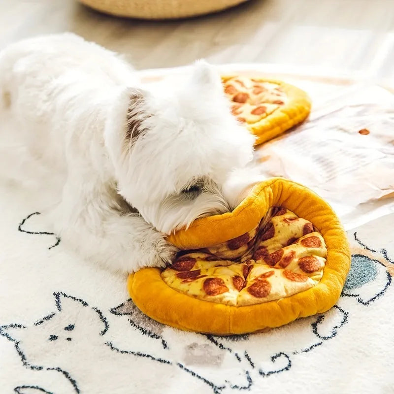 Yellow pizza slice shaped dog chew toy with textured pepperoni and crust details