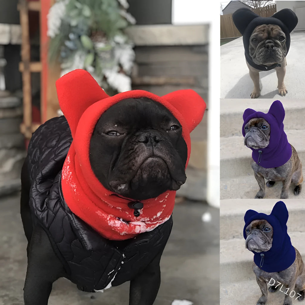 Polar fleece pullover dog hat in red on a small dog, side view