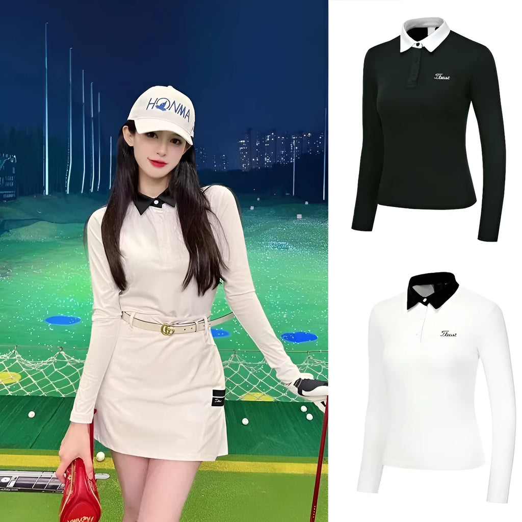 Women's white long sleeve golf top made from polyester sportswear fabric for outdoor activities