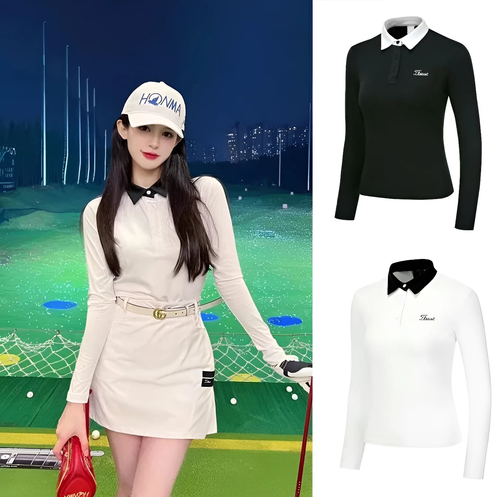 Women's white long sleeve golf top made from polyester sportswear fabric for outdoor activities