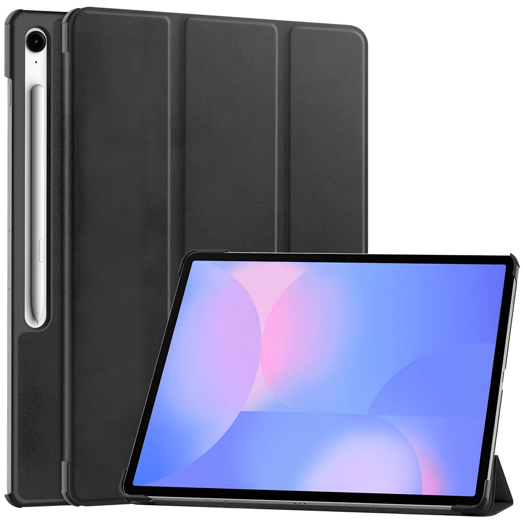 Samsung Tab S10 FE Plus 13.1-inch leather case in tri-fold stand position showing PC hard shell.