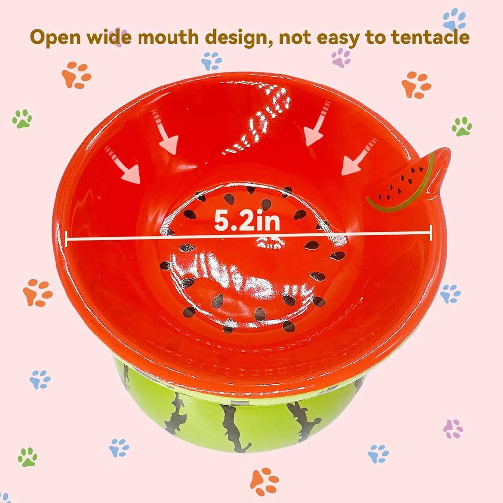 Ceramic elevated cat bowl with tilted design in orange, pitaya, or watermelon patterns