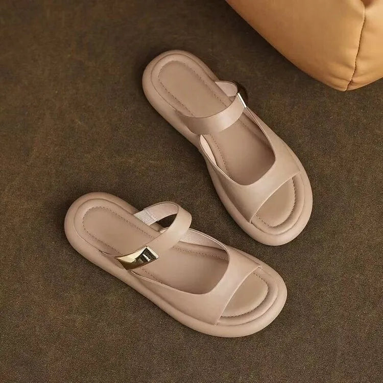 Women's apricot peep toe platform sandals with a soft leather upper and rubber sole.