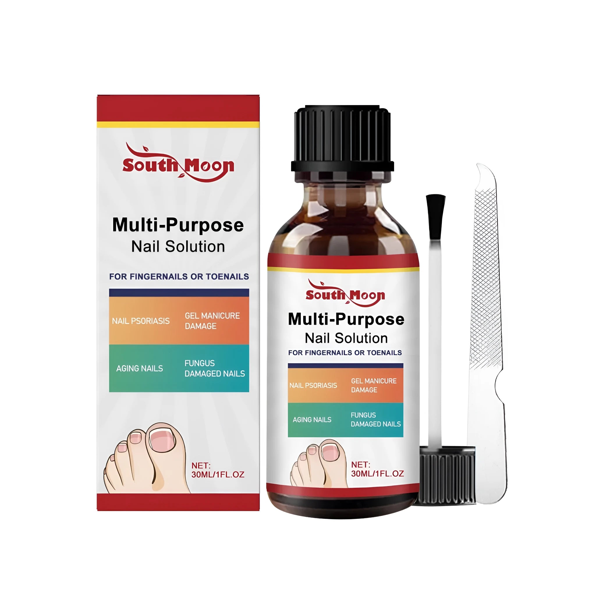 30ml bottle of nail care solution with tea tree oil and a separate nail file on a white background.