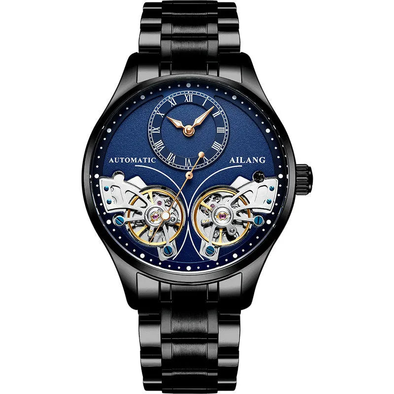 Men's automatic watch with tourbillon and moon phase complications in black steel case