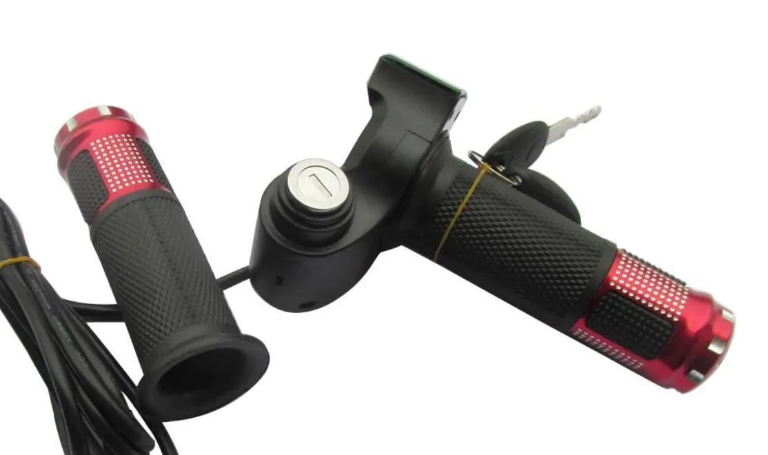 Electric vehicle handlebar control switch section with 5-core wires, shown in blue, red, silver, and yellow colour options.