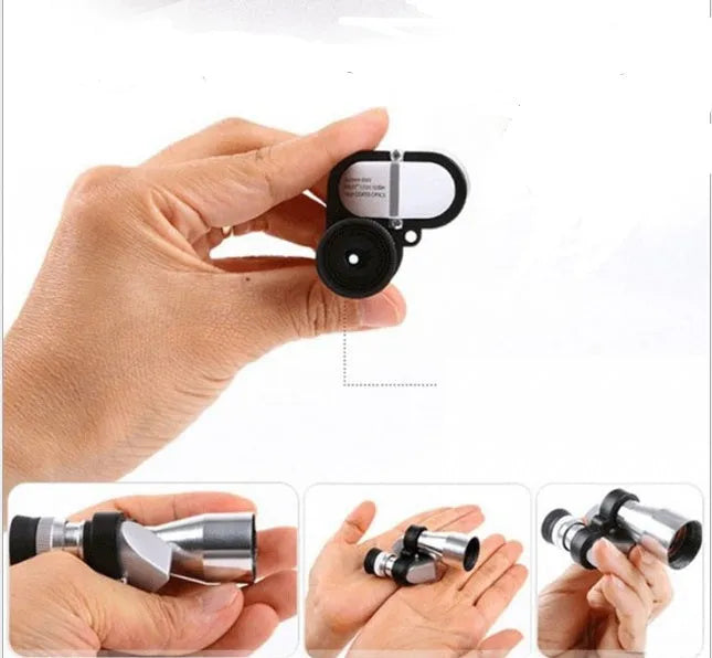Compact aluminium alloy pocket monocular telescope with 8x20 magnification on a cloth next to its canvas carry bag.