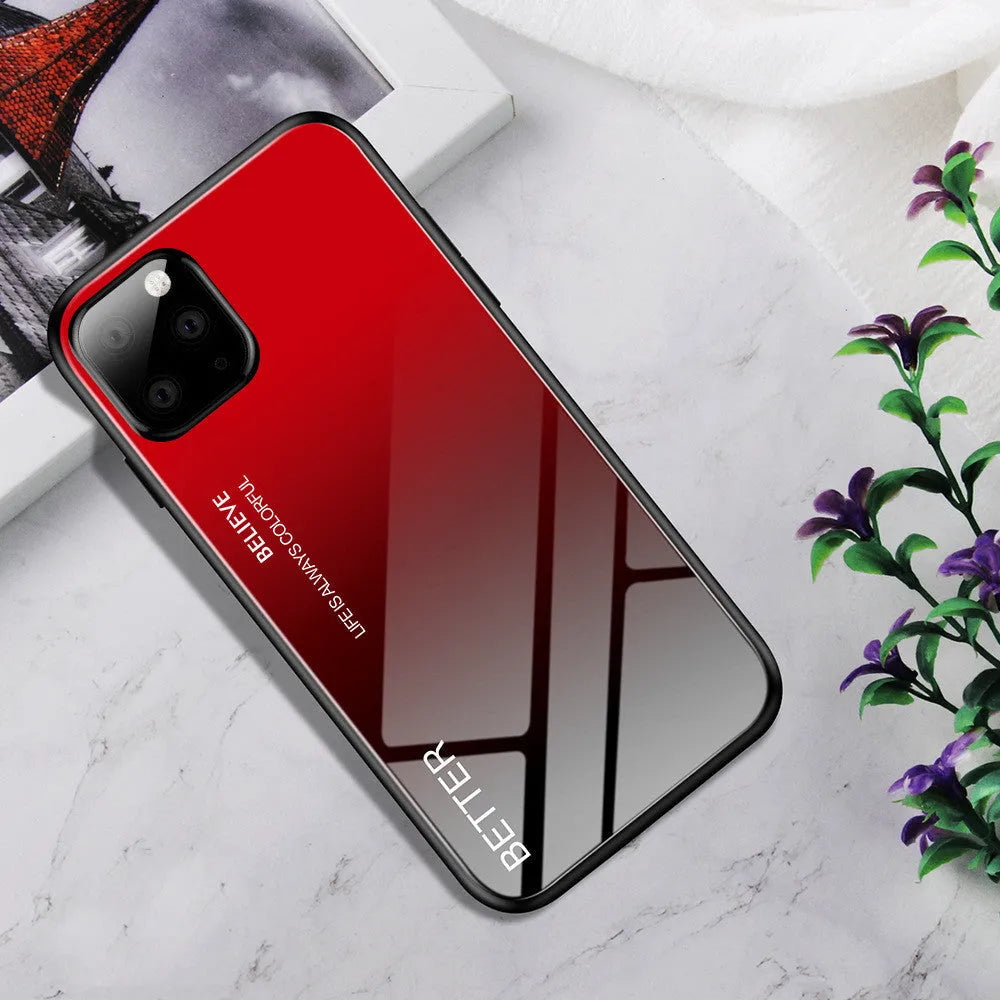 Gradient glass phone case in black and blue for iPhone XS Max showing slim 1.5mm profile and TPU bumper