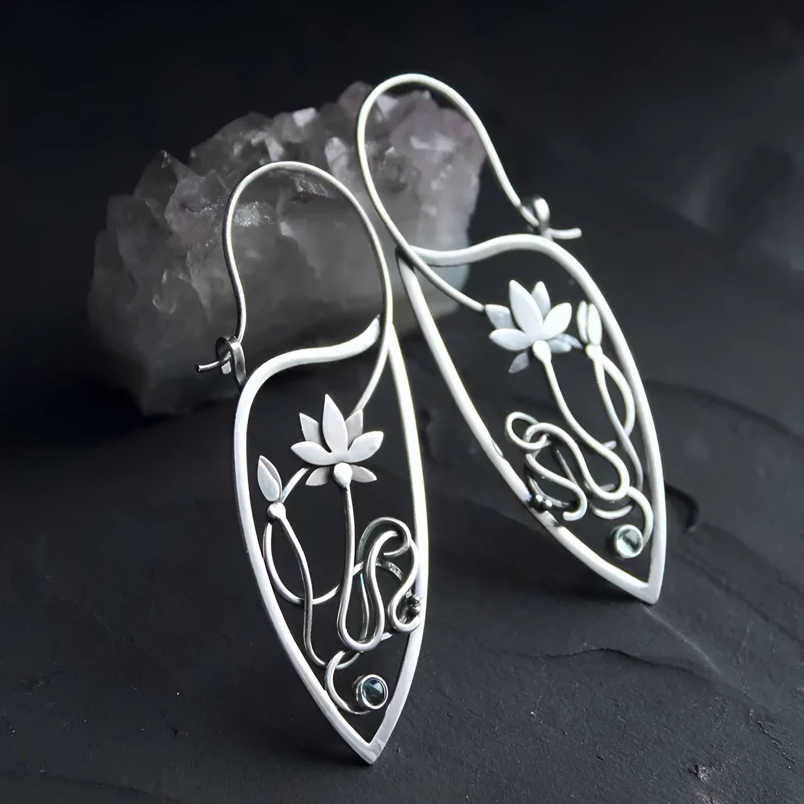 Silver electroplated lotus vine earrings with floral design and geometric round elements