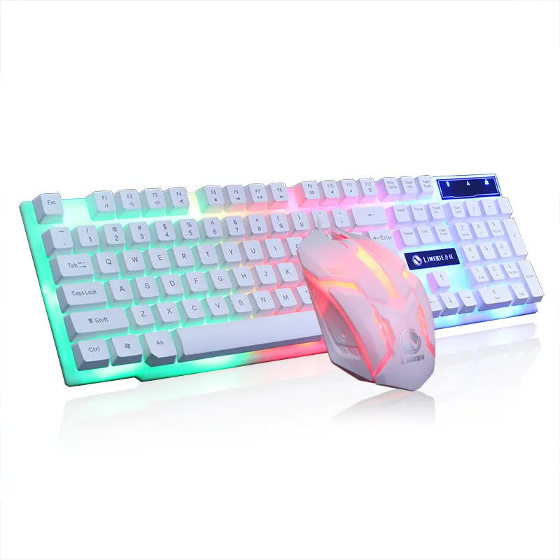 Limei GTX300 white and black wired gaming keyboard and mouse set with backlit keys on a desk