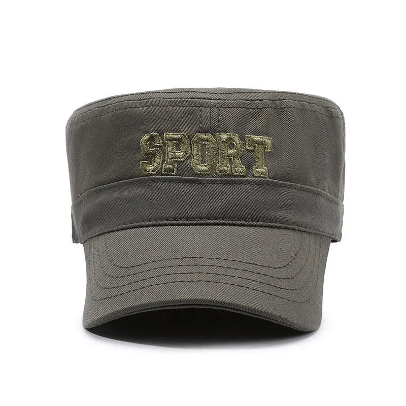 Men's cotton flat-top peaked cap in adjustable size, shown in dark blue army green colour.