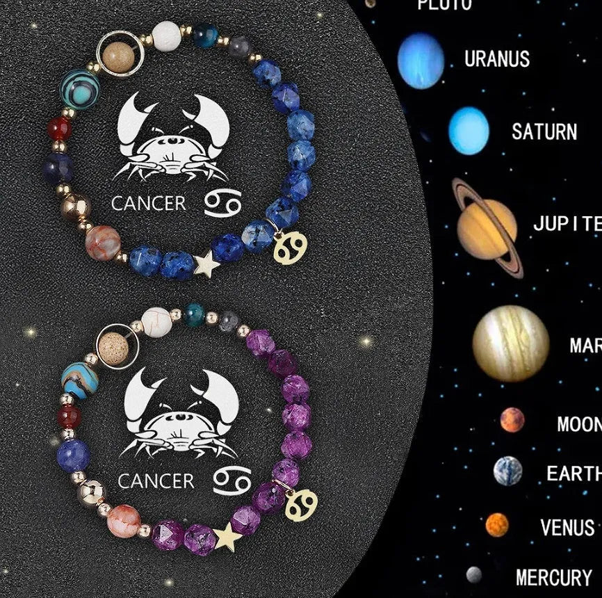 Set of twelve natural stone beaded bracelets, each representing a different zodiac sign with celestial charms.