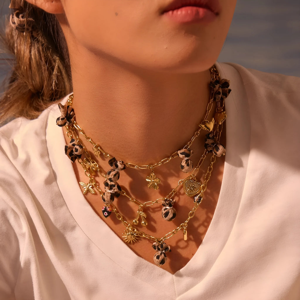 Stainless steel necklace with leopard print heart pendant featuring flower accents on adjustable 41-50cm chain