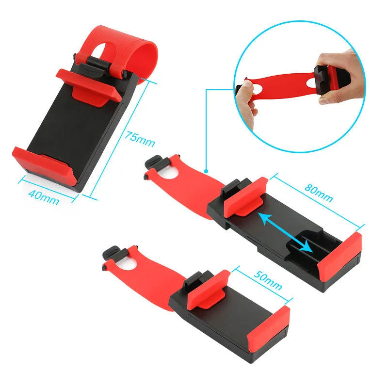 Black car steering wheel clip mount holding smartphone for hands-free driving