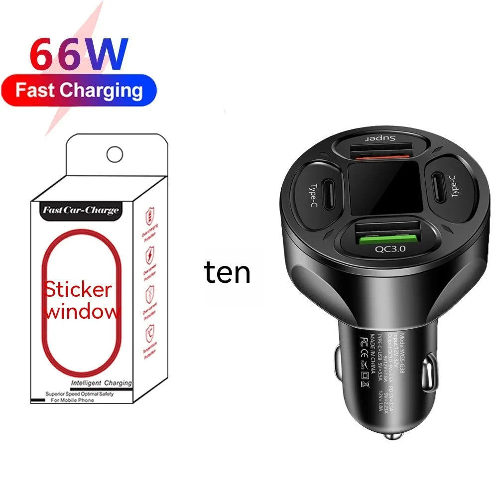 66W digital display car charger with two USB and two Type-C ports showing compact black design