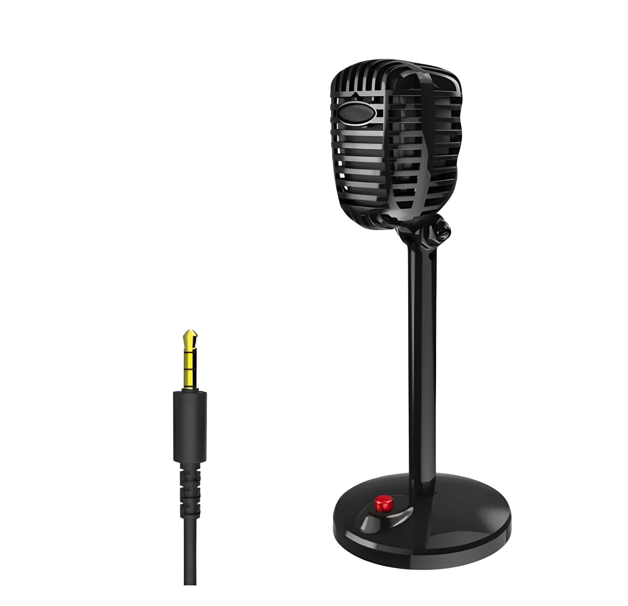 Black USB condenser microphone on an adjustable stand with a foam pop filter and weighted base.