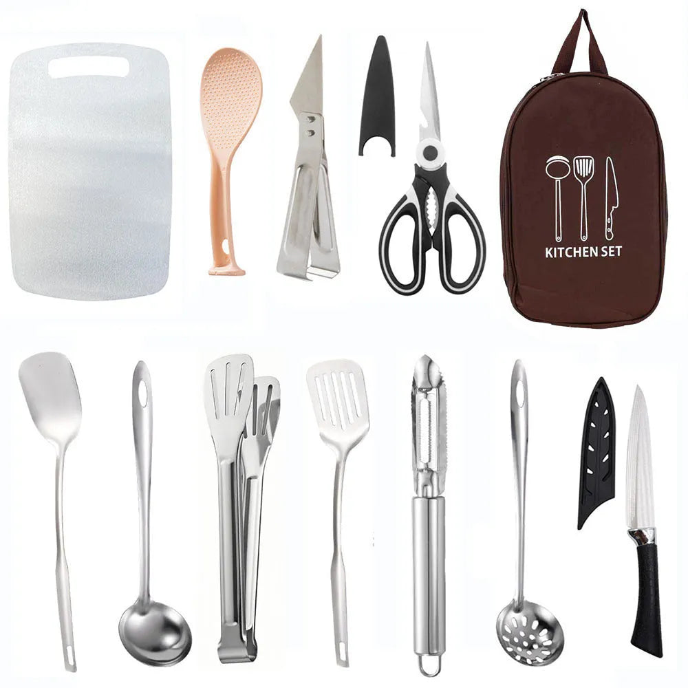 12-piece stainless steel picnic utensil set inside a khaki portable storage bag for outdoor dining.
