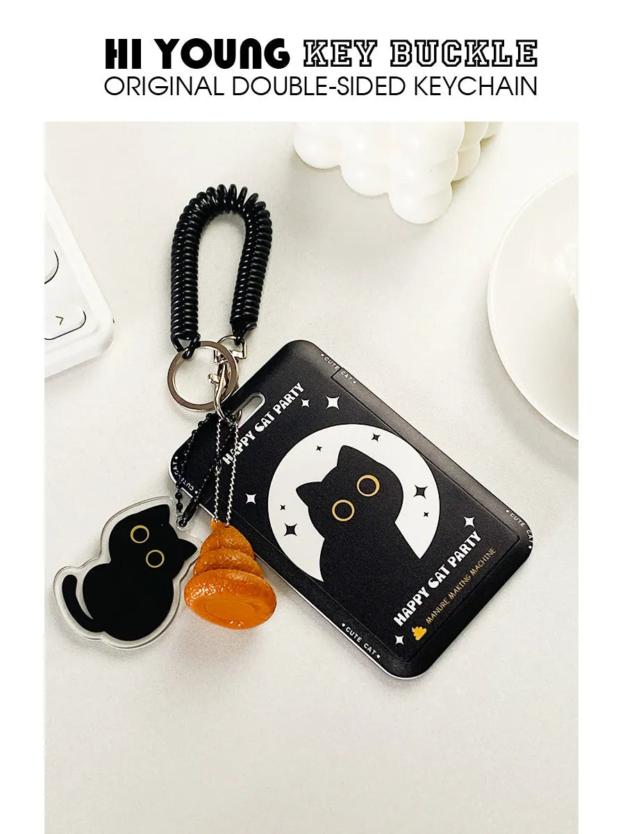 Cartoon black cat plastic card sleeve holder with a silver ferrule pendant attached.