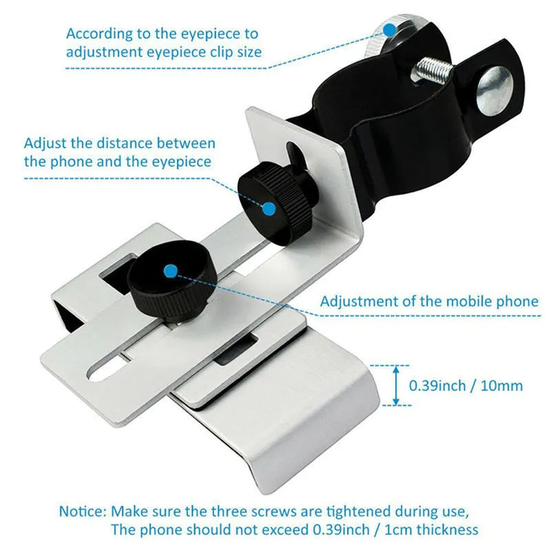Black and silver smart phone adapter with adjustable metal frame and rubber clip for phones 60-95 mm wide
