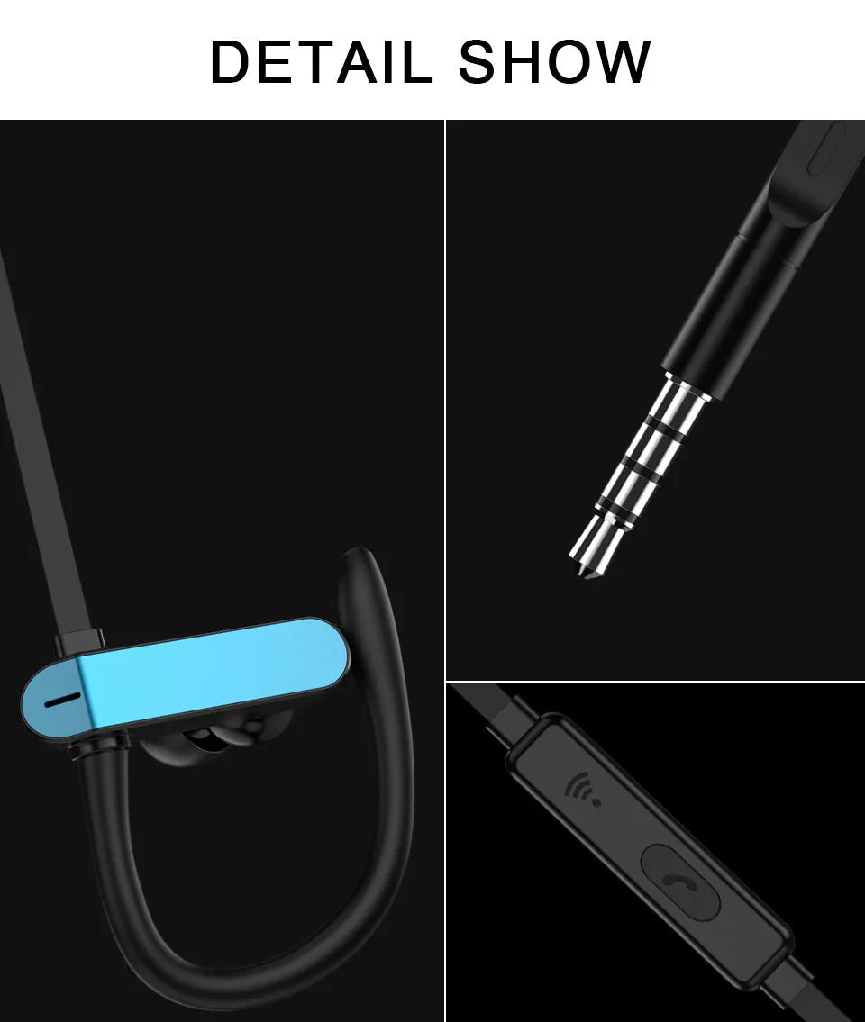 Sport ear hook headphones with microphone in black blue colour, showing over-ear hook and silicone earbuds.