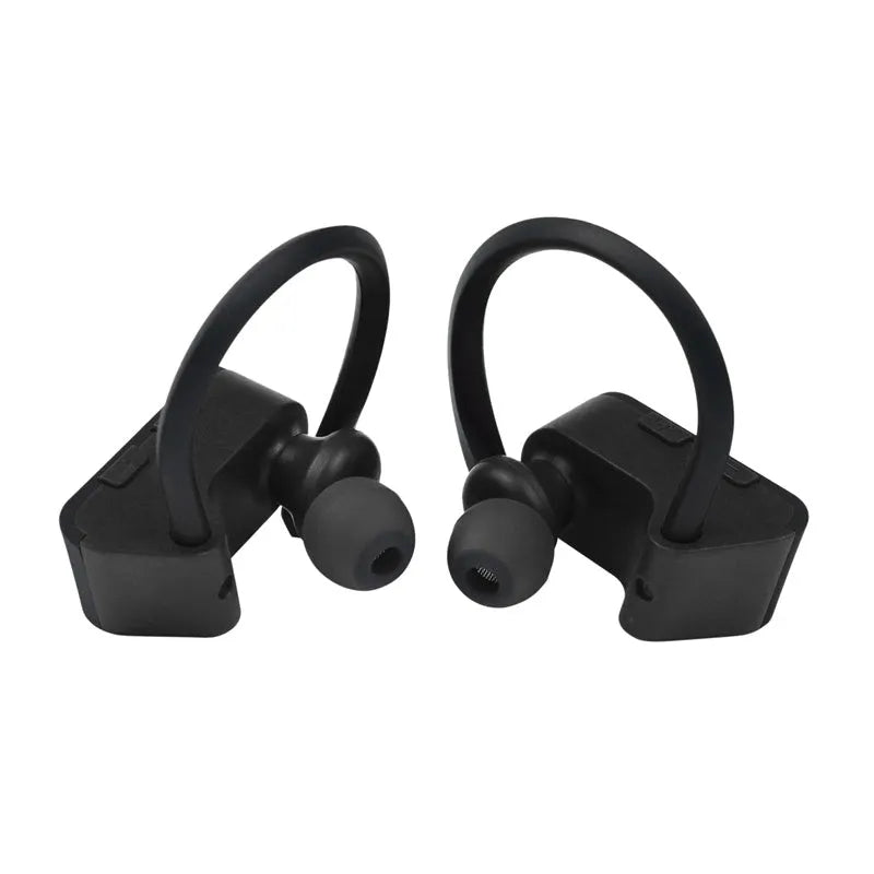 Black wireless Bluetooth earphones with ergonomic in-ear design, showing built-in buttons and microphone.