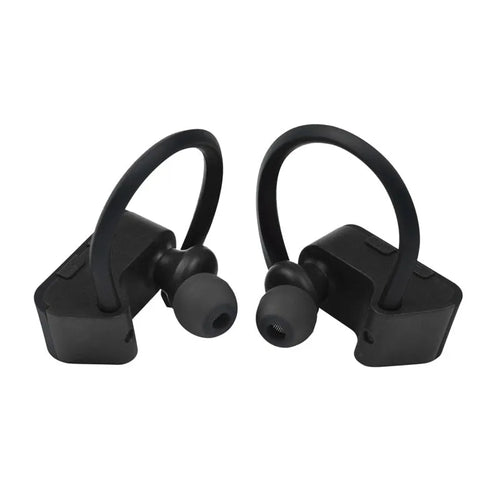 Black wireless Bluetooth earphones with ergonomic in-ear design, showing built-in buttons and microphone.