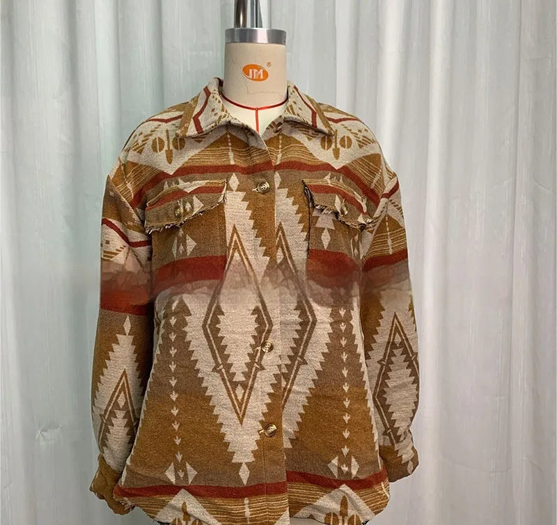 Women's retro style Aztec print woolen cotton coat in loose fit design