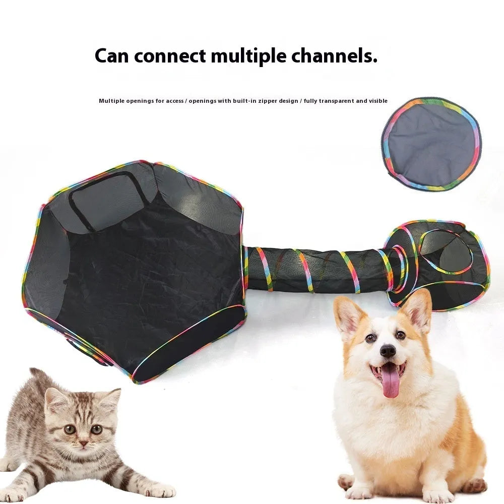 Foldable mesh cat play cage showing interlocking panels in a tunnel configuration.
