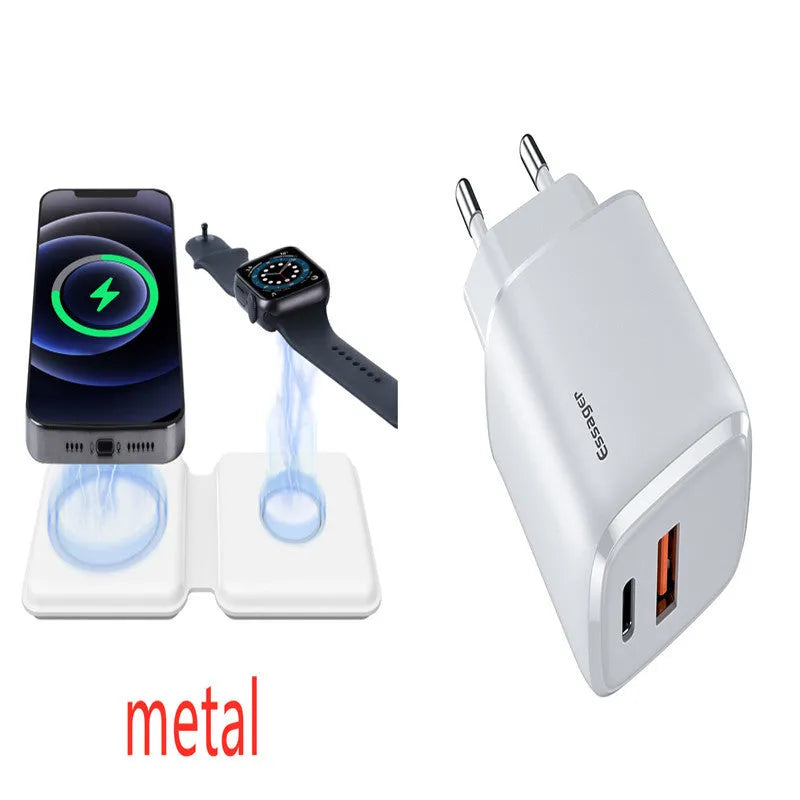 White foldable magnetic wireless charger charging two phones simultaneously on angled stand