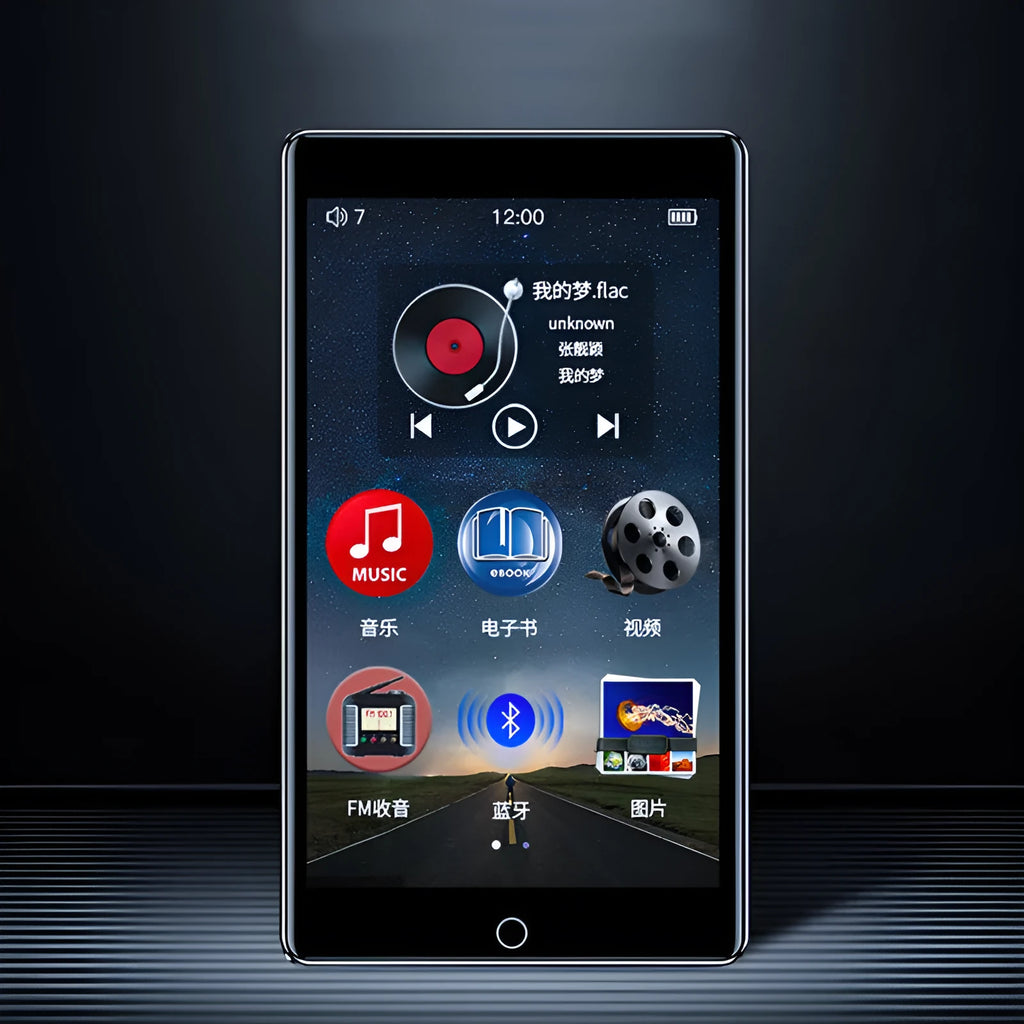 Black Ruizu H1 MP4 player with 4-inch touchscreen showing media library interface.
