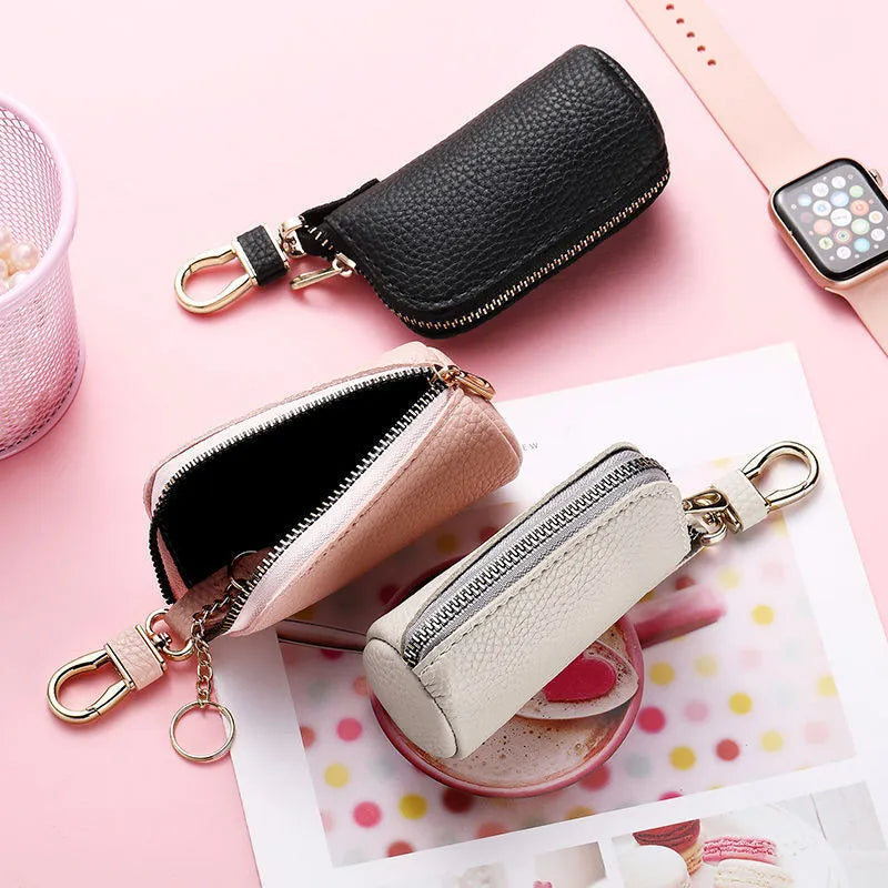 Men's simple PU leather zipper key case in black, gray, or pink colours with waterproof storage
