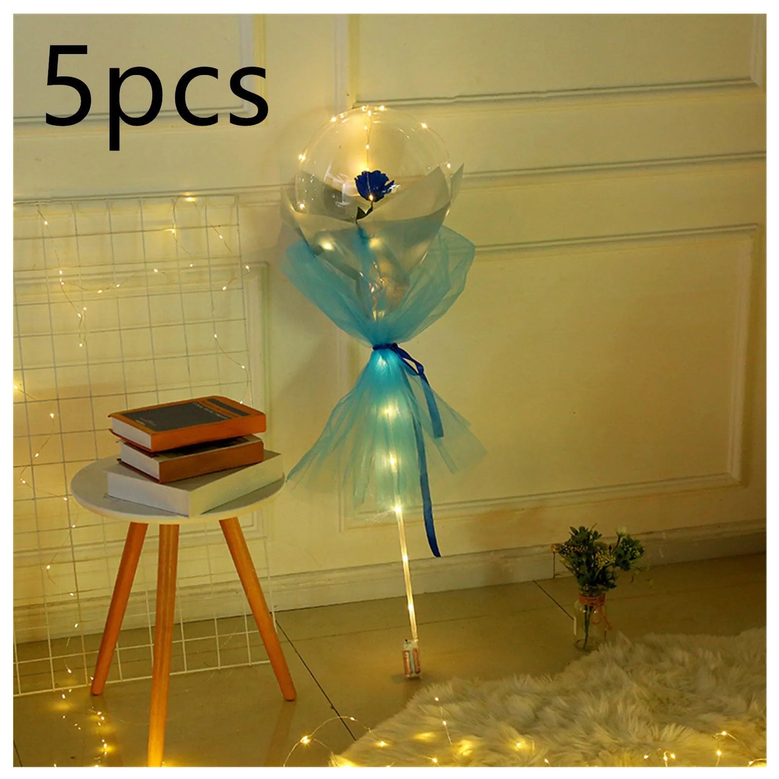 Transparent LED luminous balloon with artificial rose and built-in light, shown as a DIY bouquet kit.