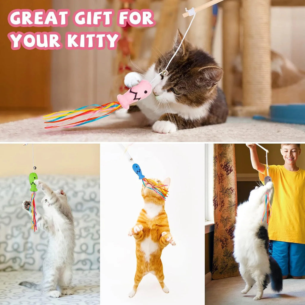Wooden cat wand toy with colourful ribbons, catnip fish and bell attachment for interactive indoor play