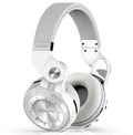 Bluedio T2 Plus on-ear Bluetooth headset in blue, showing headband, ear cups, and cabling.