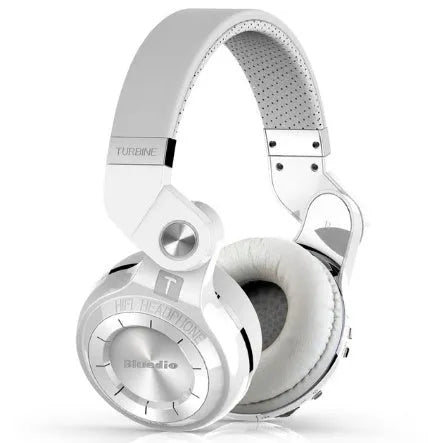 Bluedio T2 Plus on-ear Bluetooth headset in blue, showing headband, ear cups, and cabling.