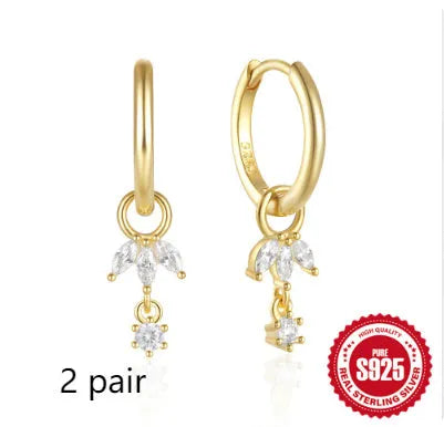 Golden three diamond zircon inlay sunflower geometric earrings in S925 sterling silver