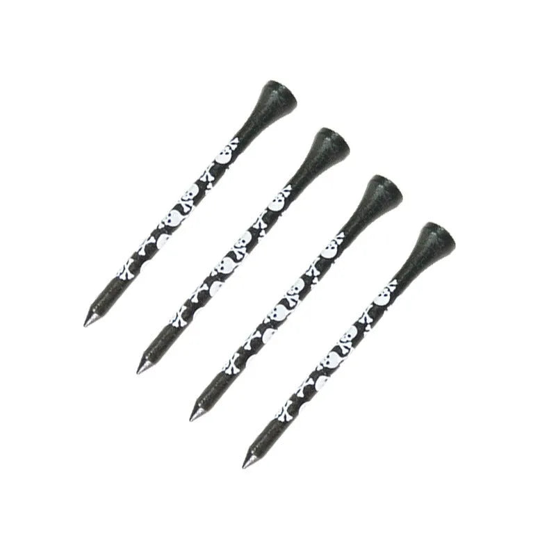 Black bamboo golf tees with skull print design showing 70mm and 83mm lengths