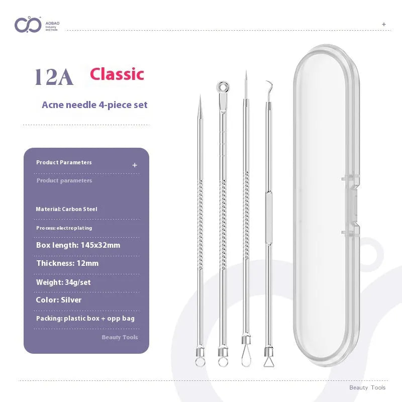 Set of four silver metal acne needles with pointed tips on a white background.