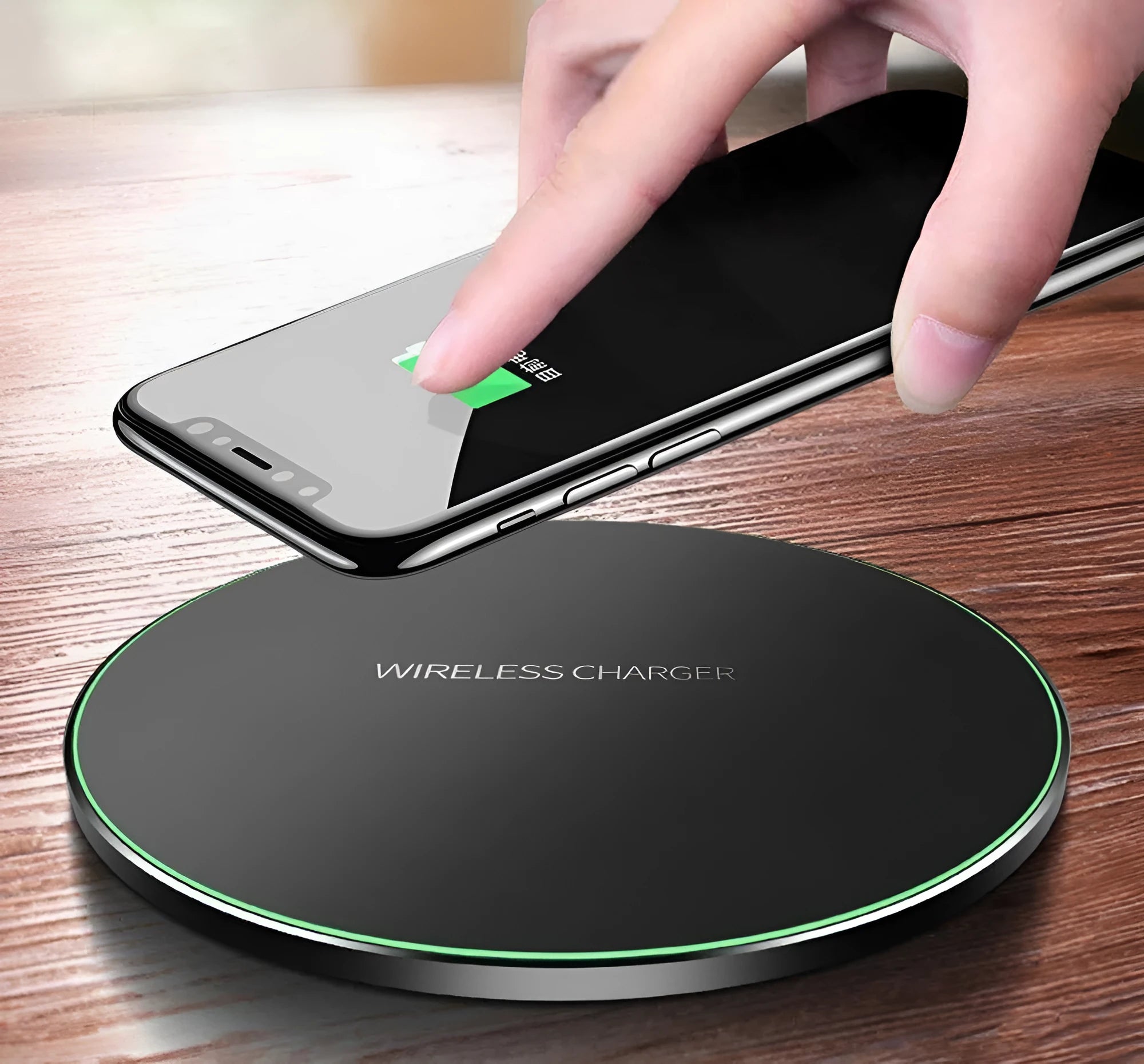 Ultra-thin black wireless charging pad with compact square design showing 9V fast charging capability