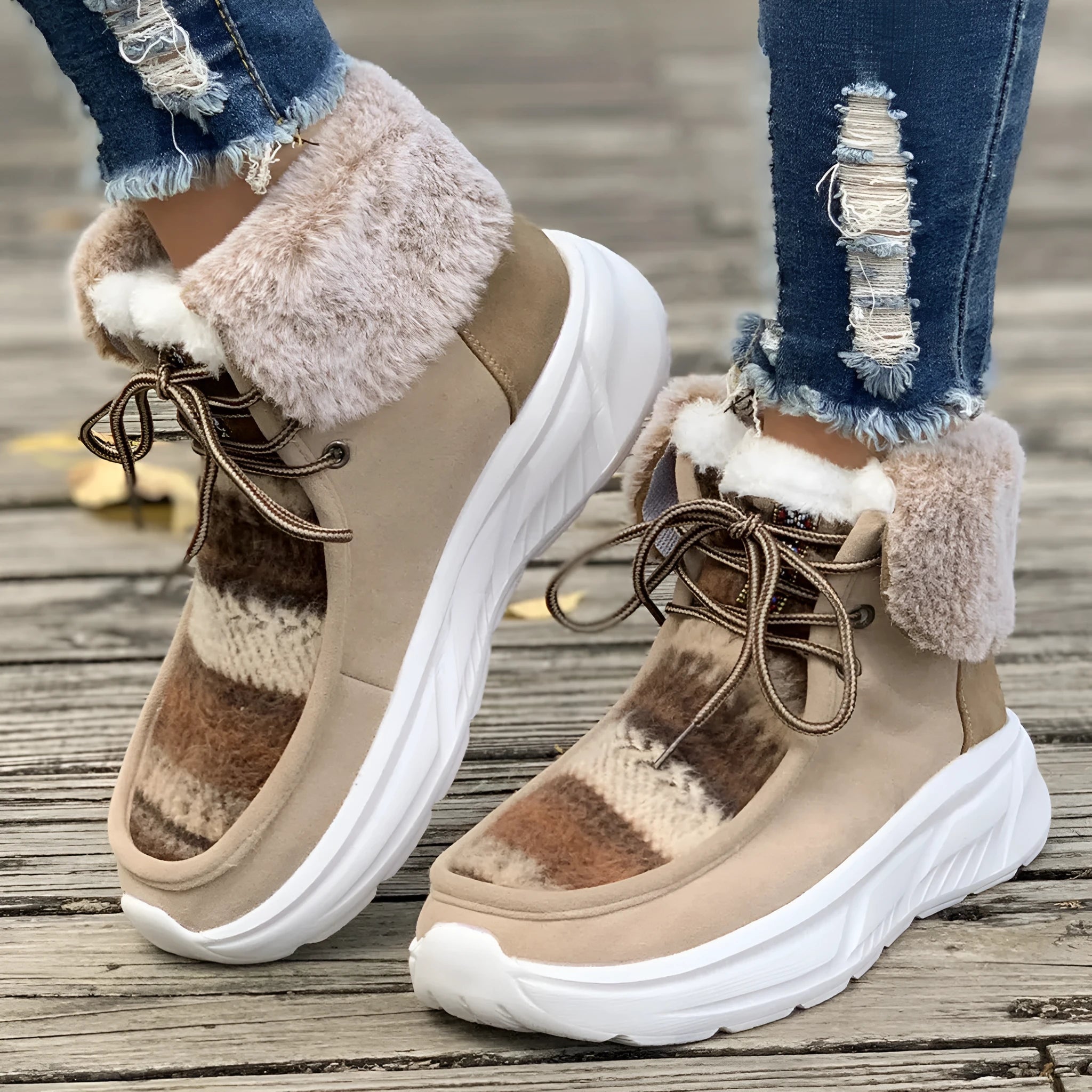 Women's beige lace-up snow boots with plush lining and non-slip rubber soles