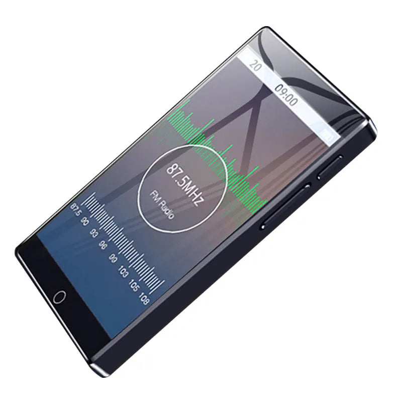 Black Ruizu H1 MP4 player with 4-inch touchscreen showing media library interface.