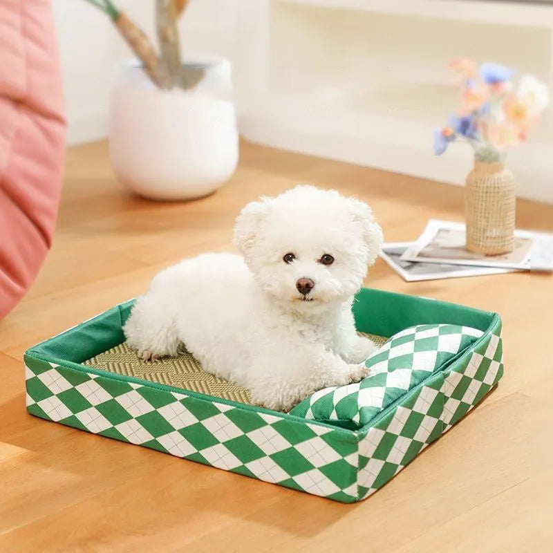 Blue woven rattan cat mat serving as a litter mat and summer bed for kittens and cats.