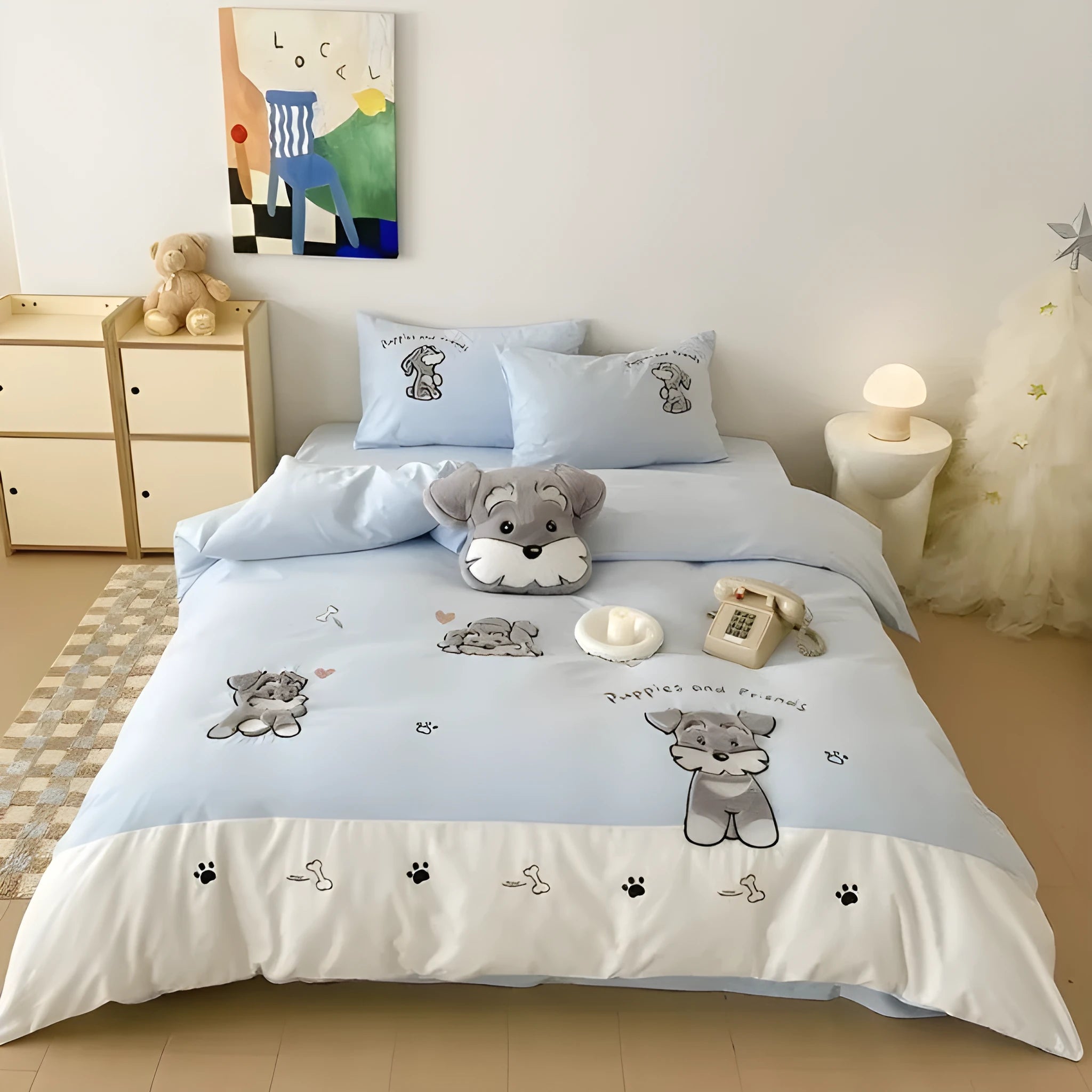 Schnauzer dog cartoon embroidered cotton bedding set with quilt cover, sheet, and pillowcases on a bed.