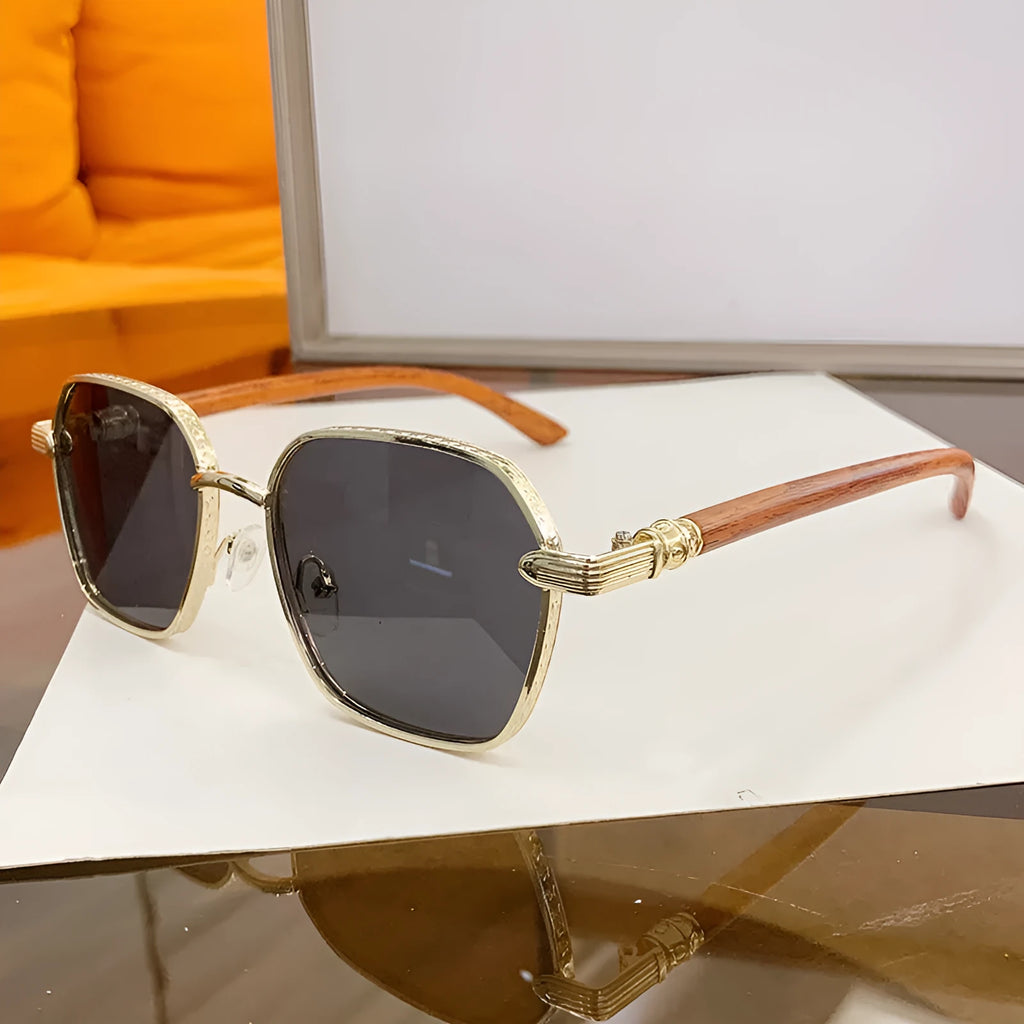 Women's frameless trim glasses with wood grain pattern and gold alloy frame.
