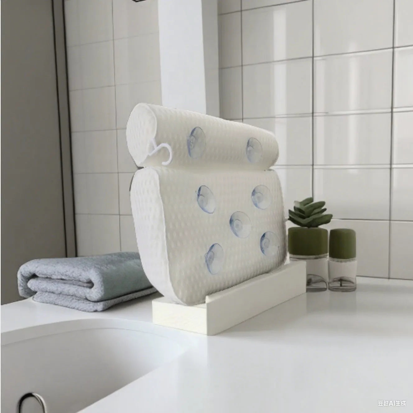 White 4d mesh bath pillow with 7 suction cups, measuring 37x34x10cm