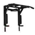 Black wall-mounted steel sandbag rack with integrated parallel pull-up bars for fitness training