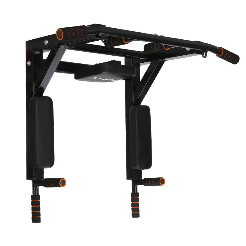 Black wall-mounted steel sandbag rack with integrated parallel pull-up bars for fitness training
