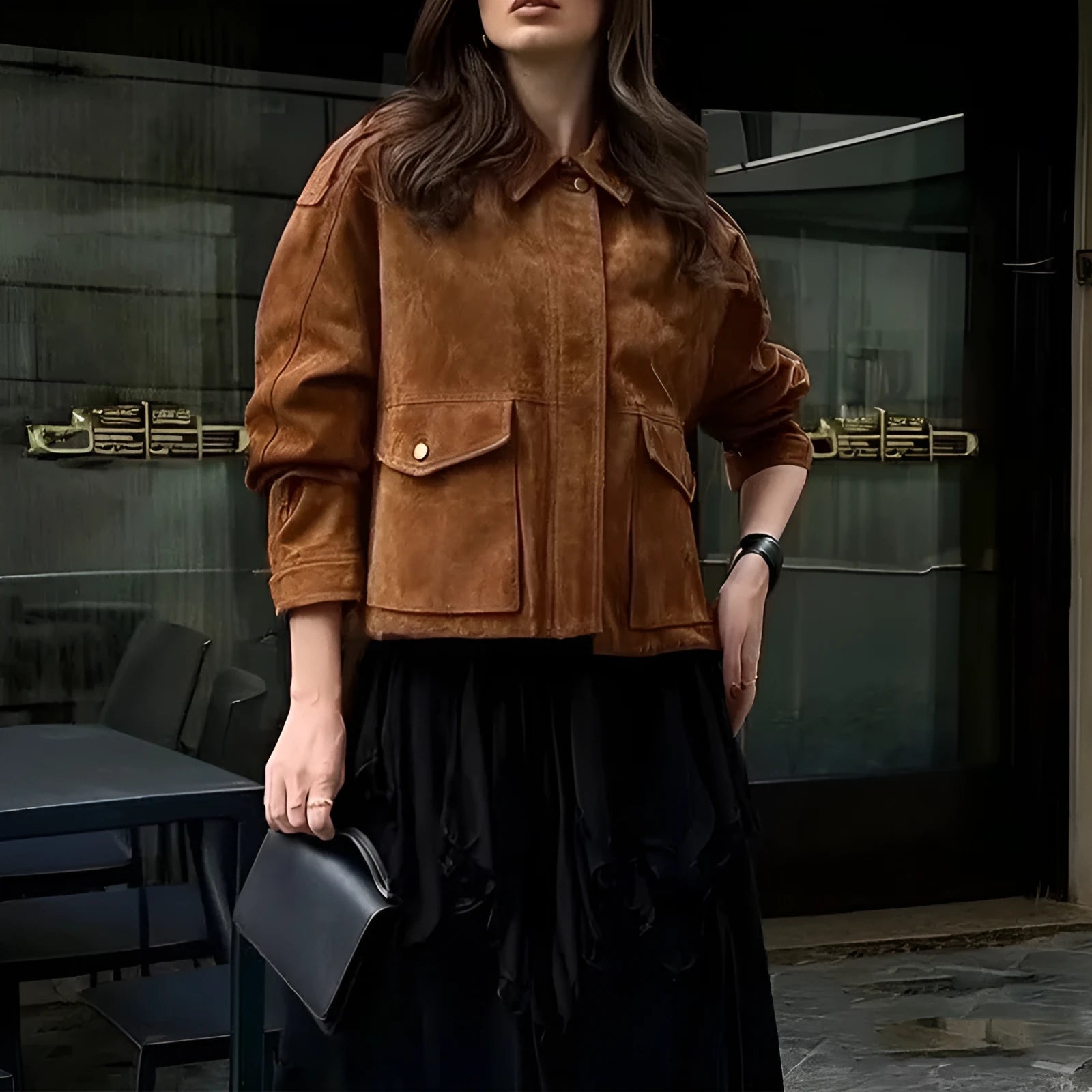 Women's brown suede-effect polyester coat with regular sleeves on hanger